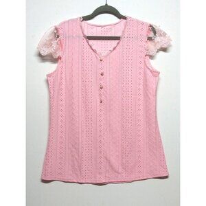 Womens top blouse 1X/2X/3X Pink EYELET KNIT romantic STRETCH lace CAP sleeve